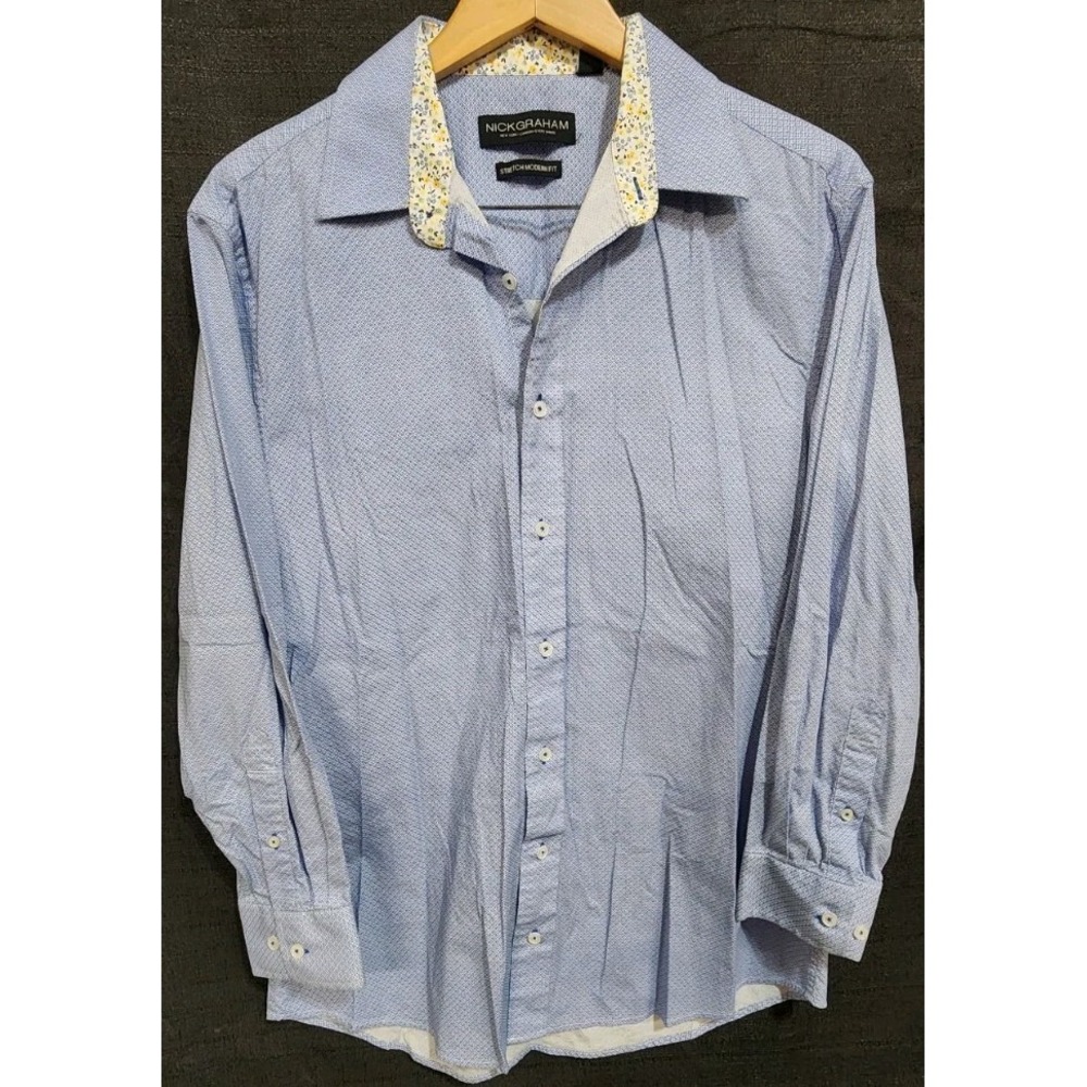 Nick Graham Mens Button Up Dress Shirt Stretch Modern Fit 16 32/33 Blue Floral